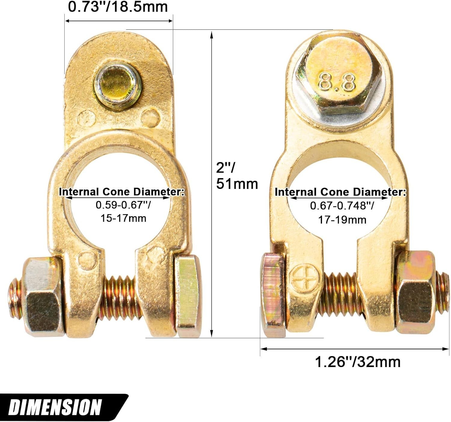 Gold Brass Battery Terminal Connectors for Top Post – 1 Pair for Cars, RVs