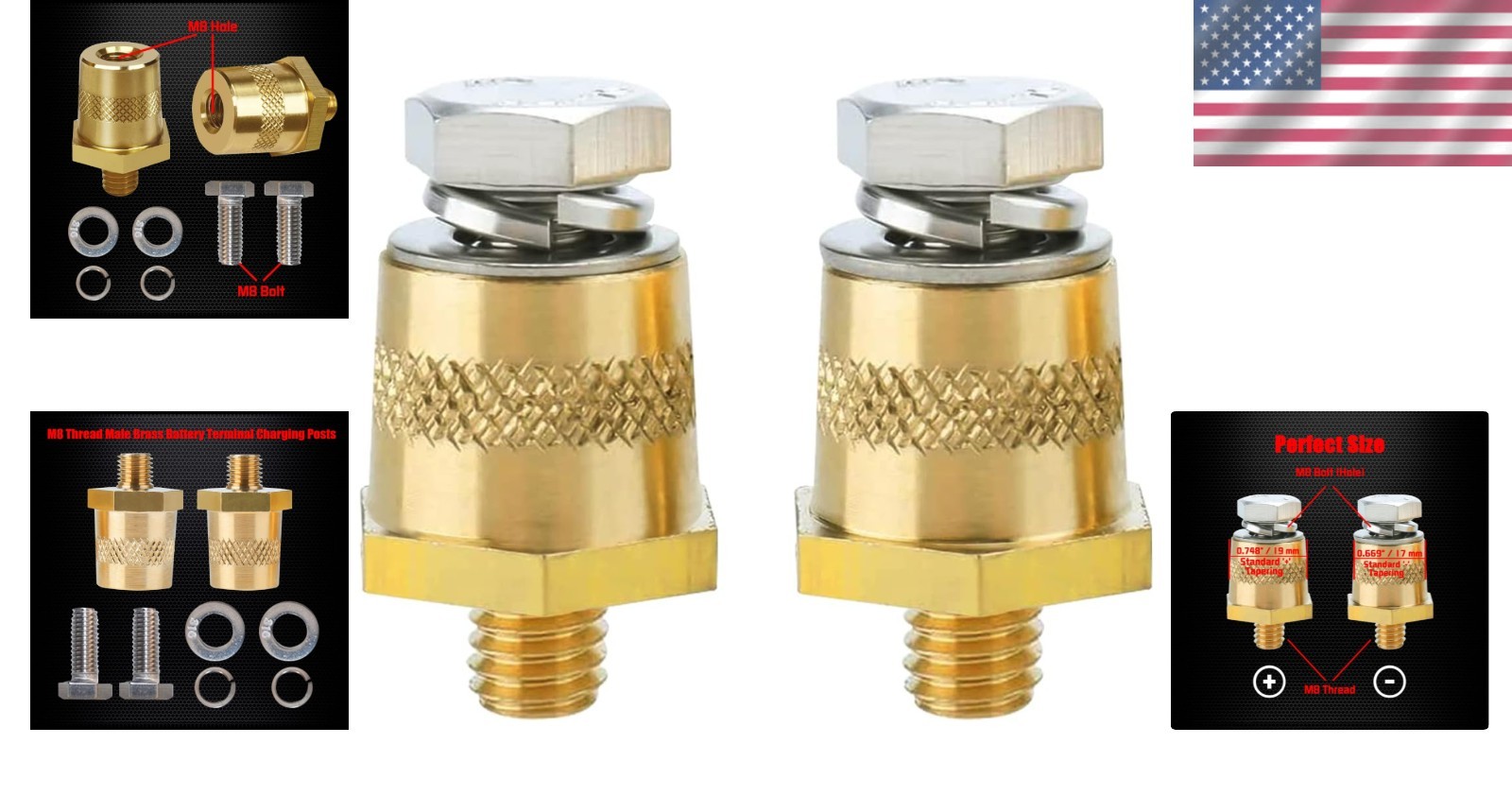 Durable M8 Thread Brass Battery Terminal Charging Posts with M8 Bolts – 2 Pack