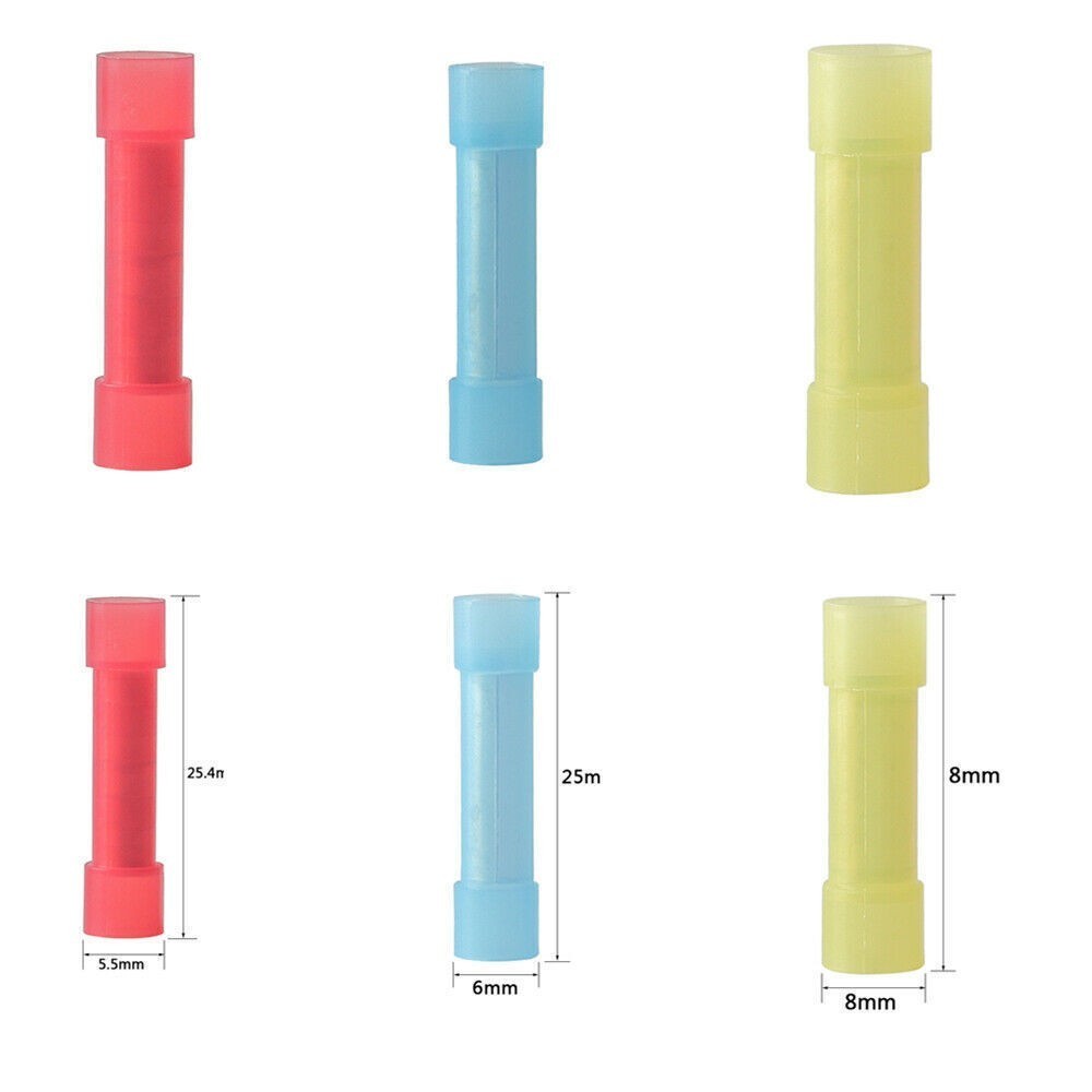 Pack 100/200pcs Nylon Insulated Butt Splice Connectors, Crimp Terminals, Copper
