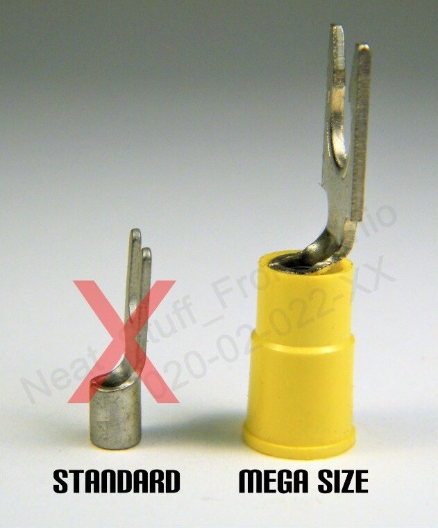 FORK TONGUE CRIMP CONNECTOR, 12-10 AWG, YELLOW, MEGA-SIZE FOR LARGE SCREW / POST