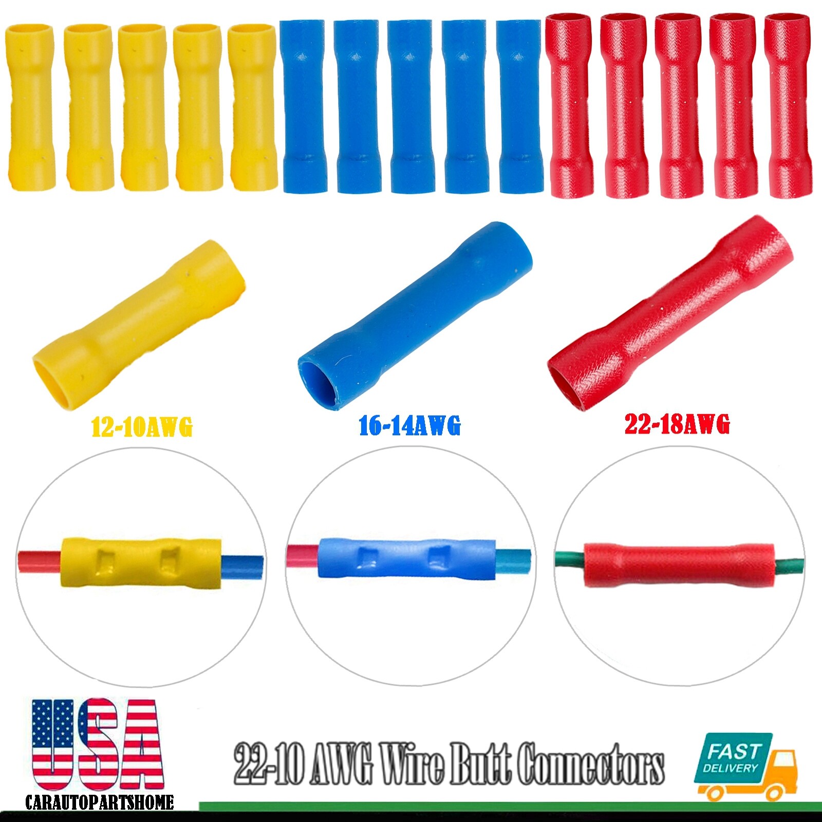 22-10 Gauge AWG Wire Butt Connectors Vinyl Car Radio Terminals 100/300/600PCS
