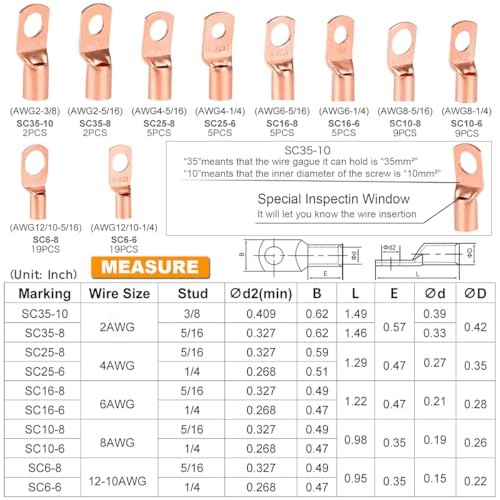 Pcs Copper Wire Lugs AWG2 4 6 8 10 12 with Heat Shrink Set, 10 Kind Sizes 160