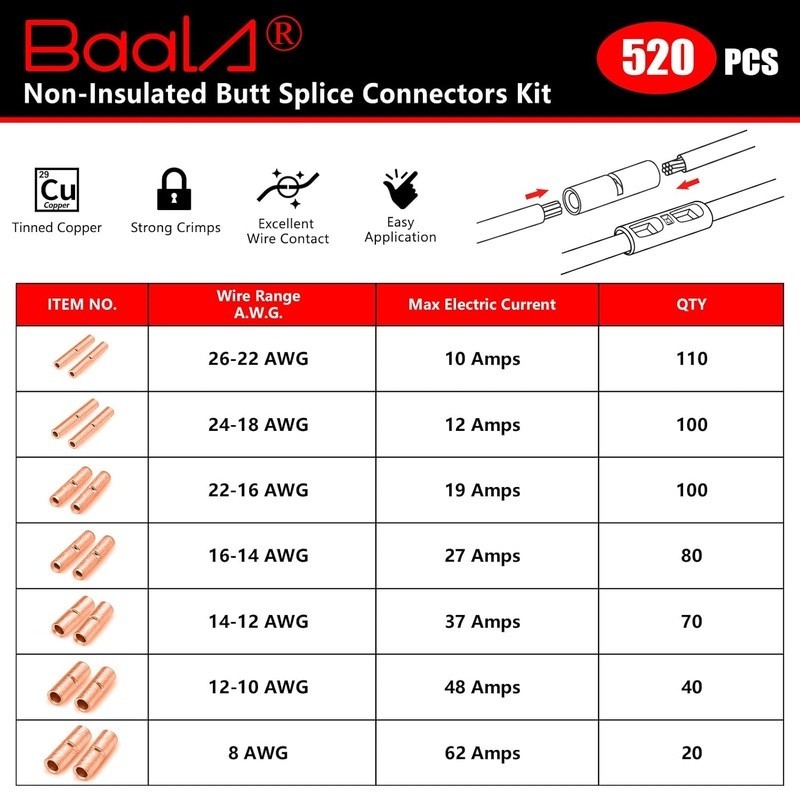 Butt Connectors Kit Copper Splice Connectors 600V DIY Electrical Repair New