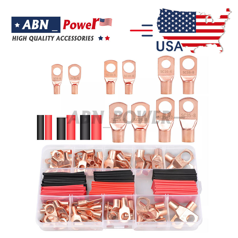 150pcs Battery Cable Ends Copper Wire Lugs Assortment AWG 2 4 6 8 10 Gauge Kit w