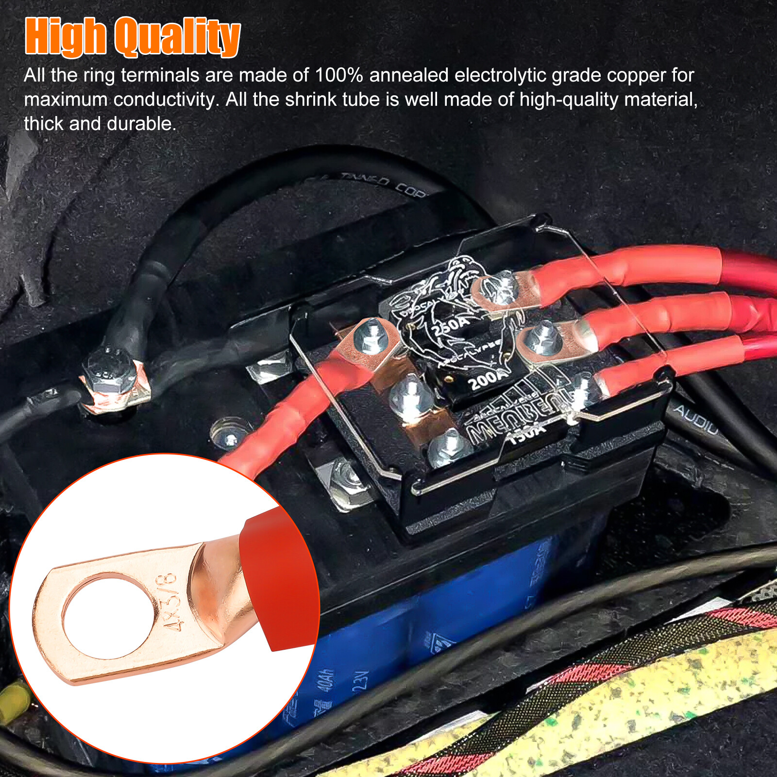 20x Copper Lug 4 AWG 3/8″ w/ Red & Black Heat Shrink Ring Terminal Battery Wire