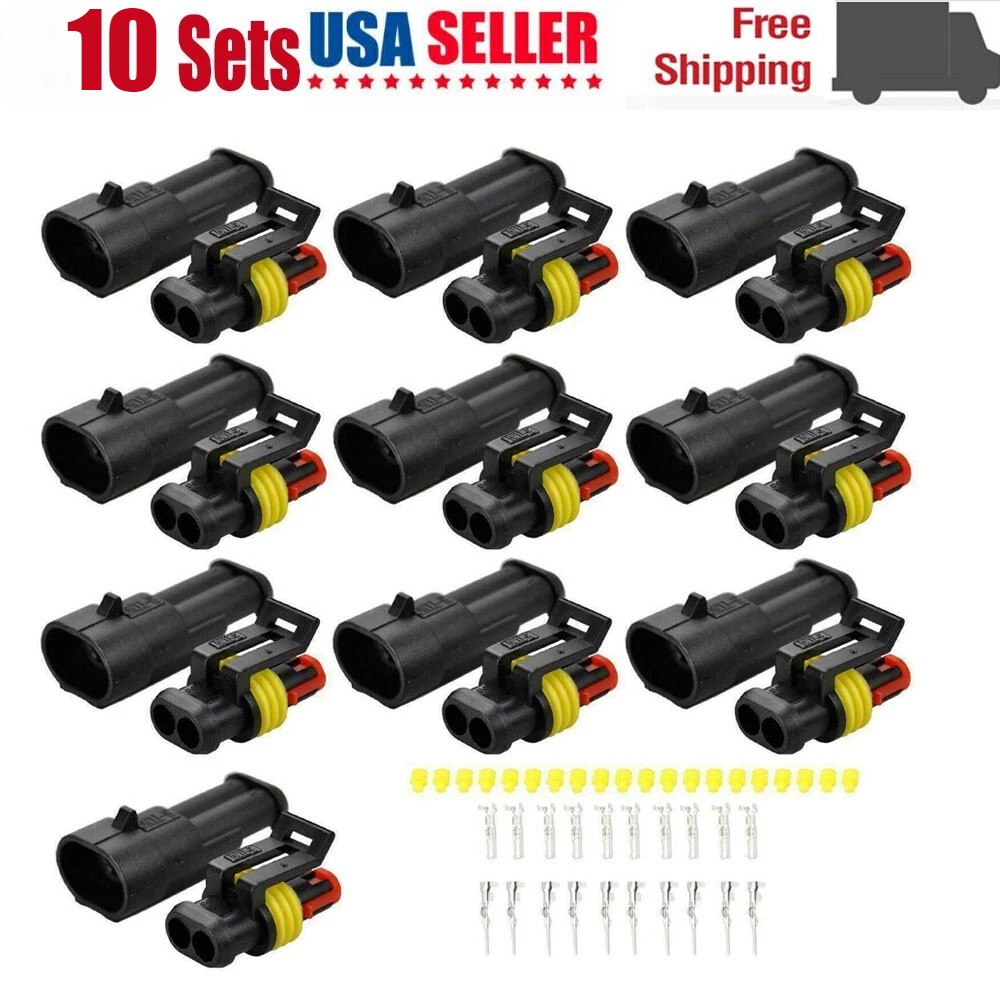 10 Sets 2 Pin Way Sealed Waterproof Electrical Wire Connector Plug Terminal Set