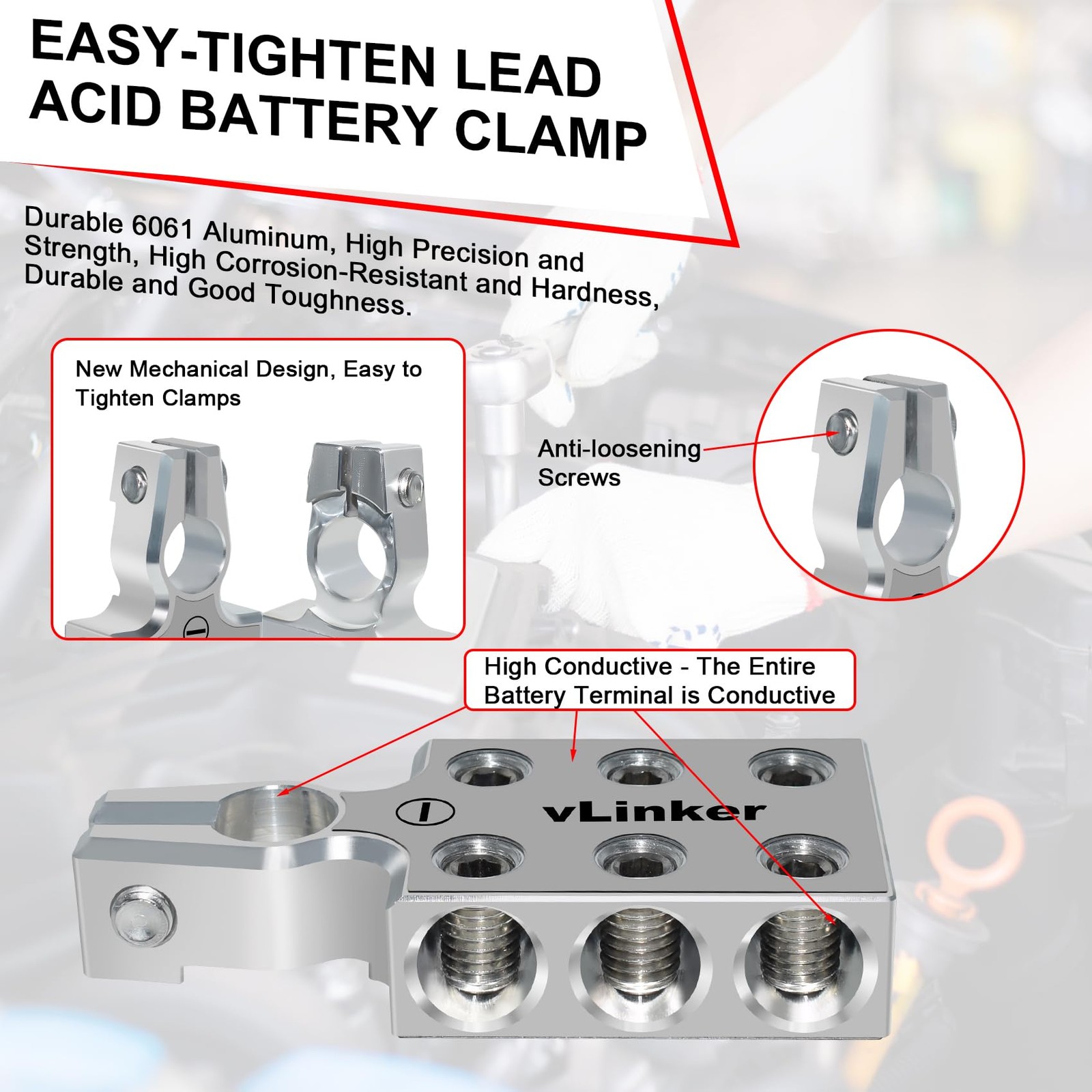 VGATE 6×00 2/0 AWG LeadAcid Battery Terminals Clamp 6061 Aluminum SAE/DIN/EN