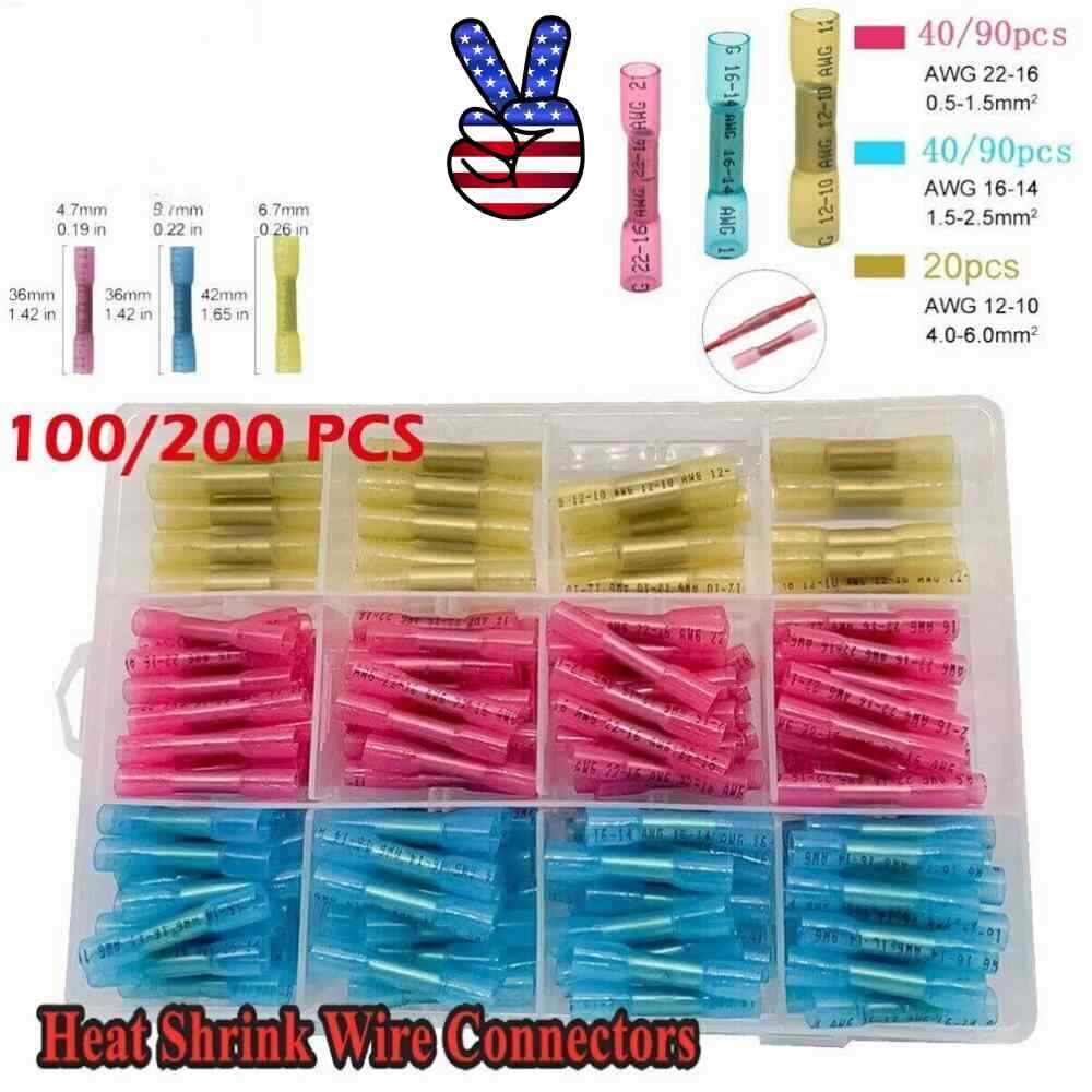 200/100PCS 22-10 Heat Shrink Butt Wire Splice Connectors Seal Crimp Terminals US