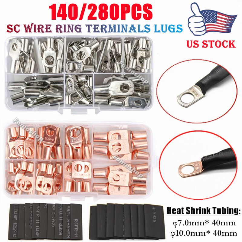 140/280PCS Copper Lugs Ring Terminals Bare Battery Welding Crimp Wire Connectors