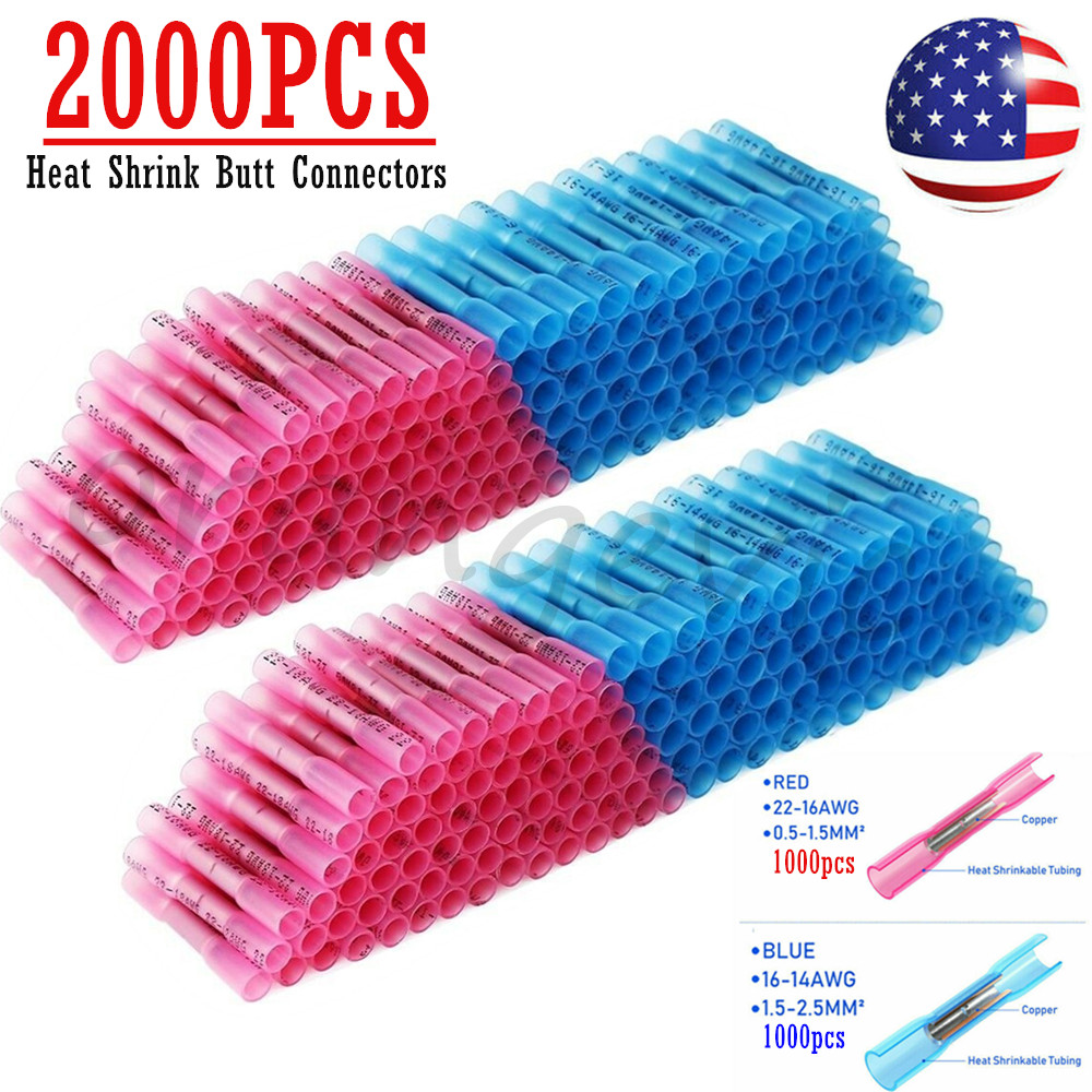 2000x 22-14AWG Heat Shrink Butt Wire Splice Connectors Crimp Terminal Waterproof