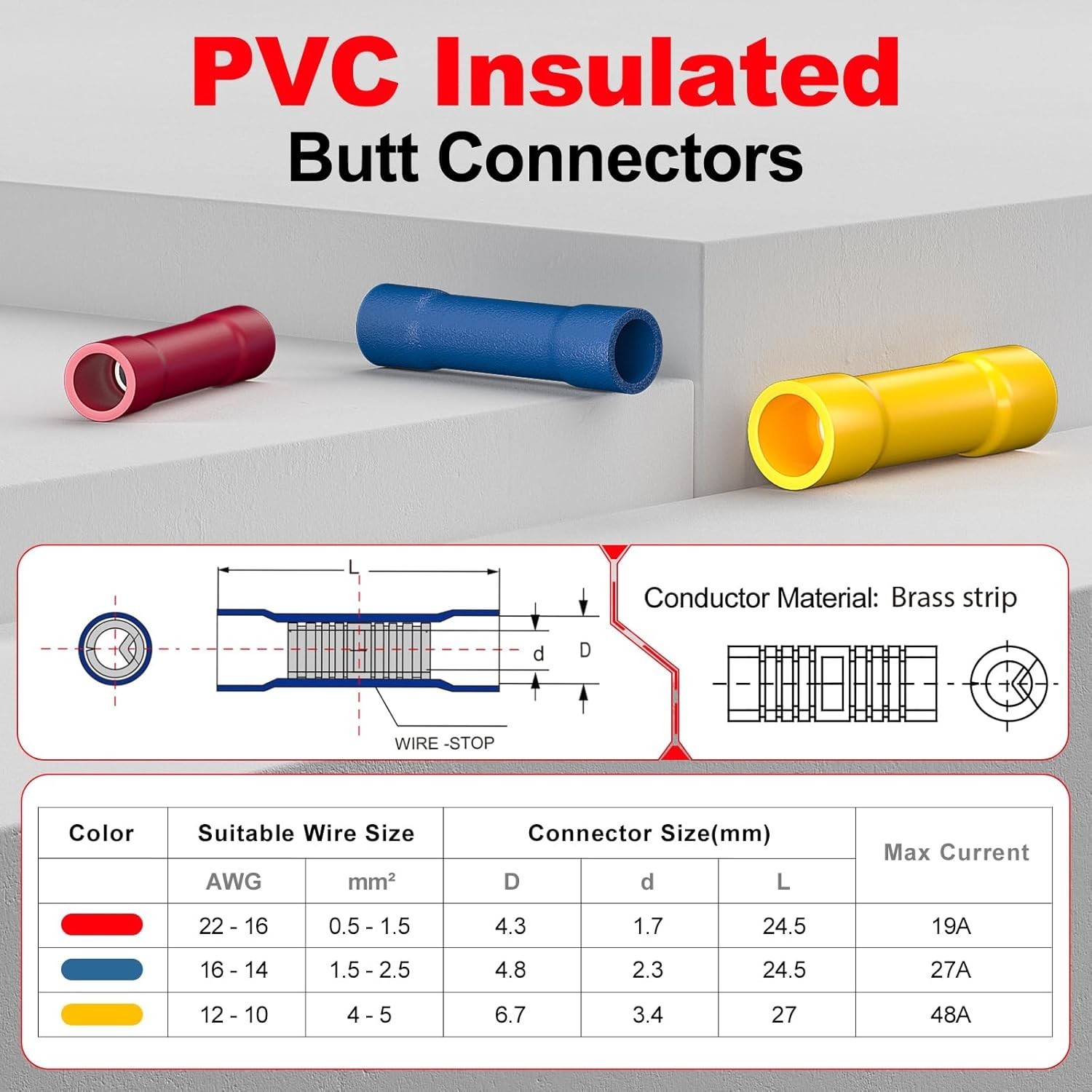 Listed Red Butt Connectors Crimp Splice Terminals 100 pcs 22-16 AWG Electrica…