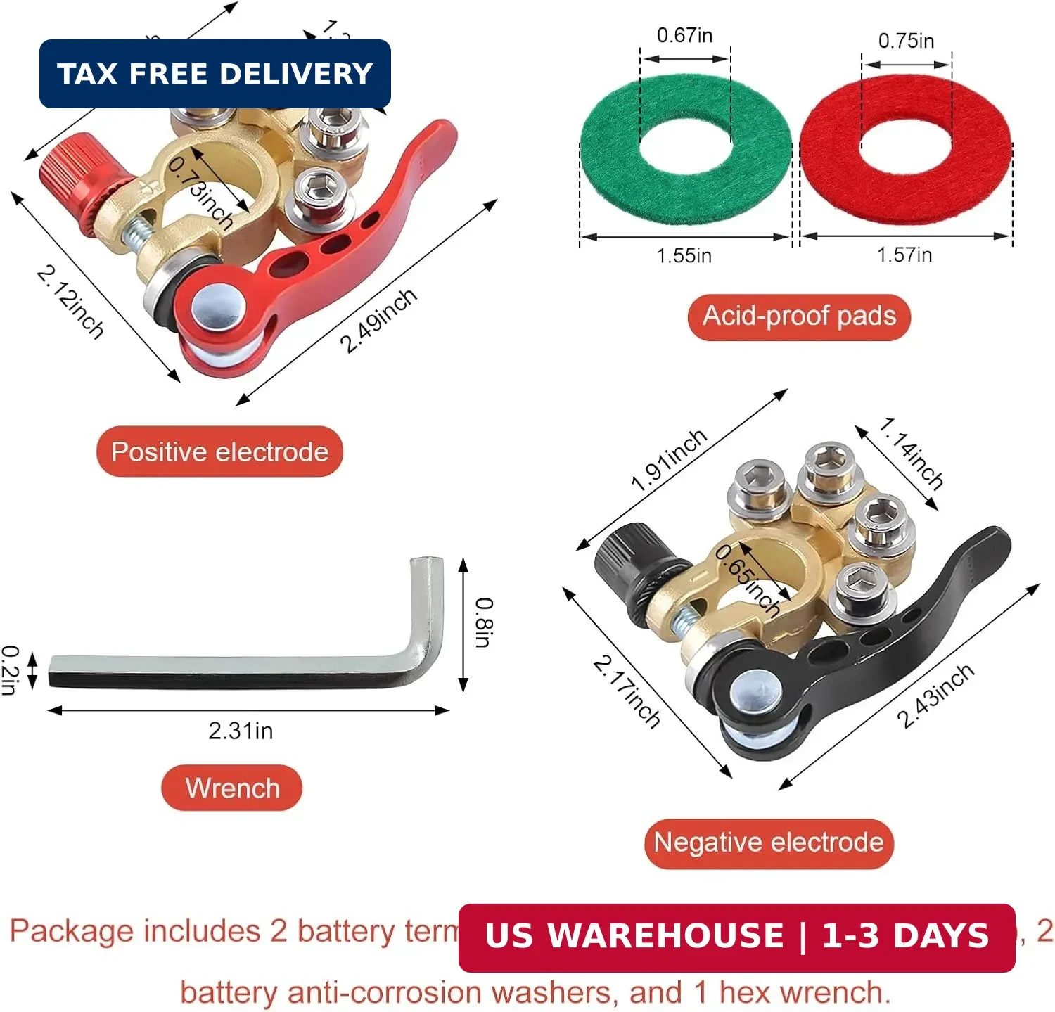 2PCS Car Battery Terminal Connectors 4-Way Quick Release Positive Negative Pair