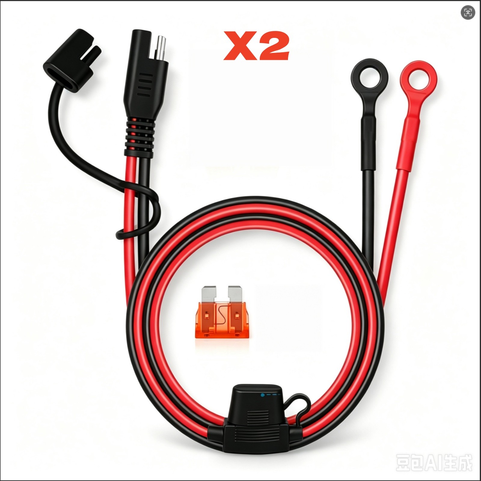 2PCS SAE Battery Extension Cable Ring Terminal Harness