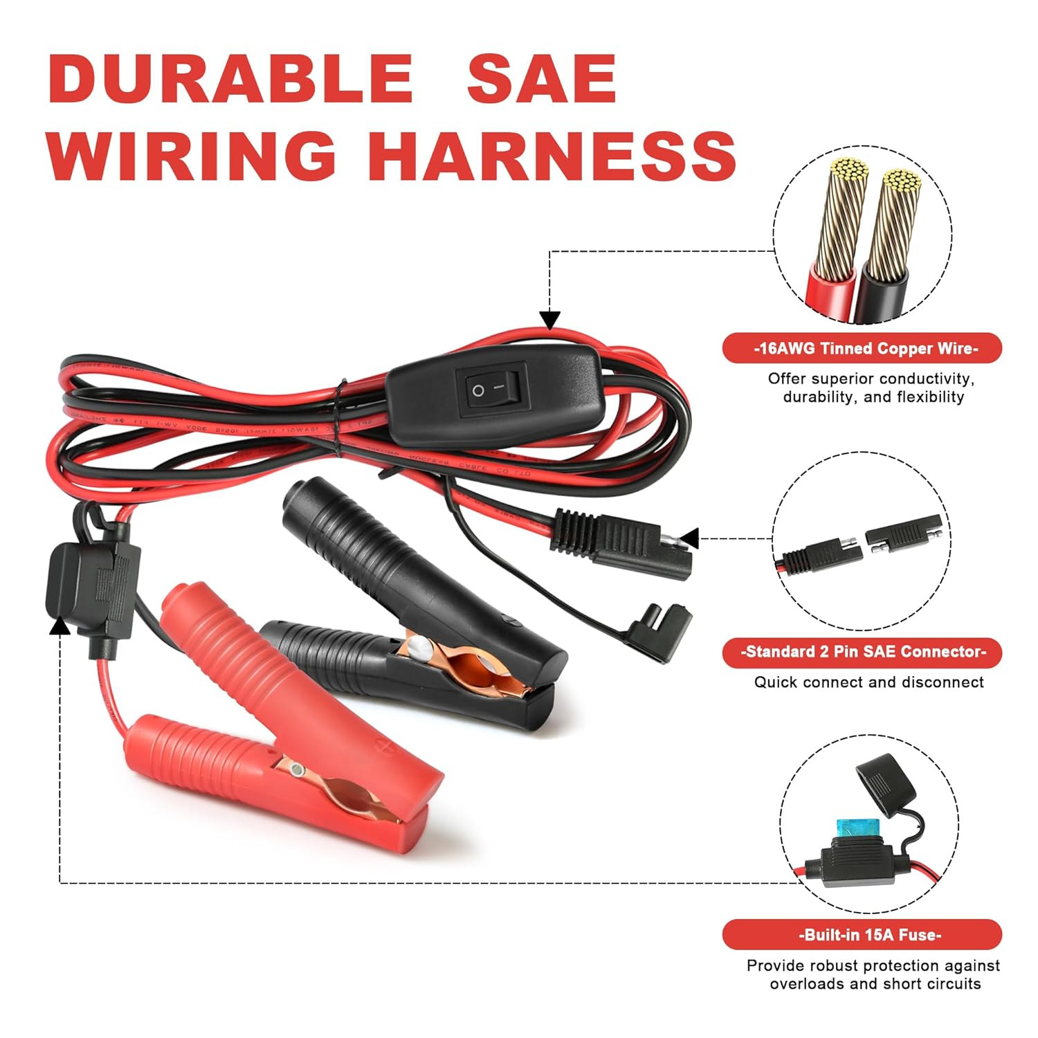 SAE Battery Alligator Clips Wire Harness with On/Off Switch 7.9Ft/2.4M 16AWG,12V