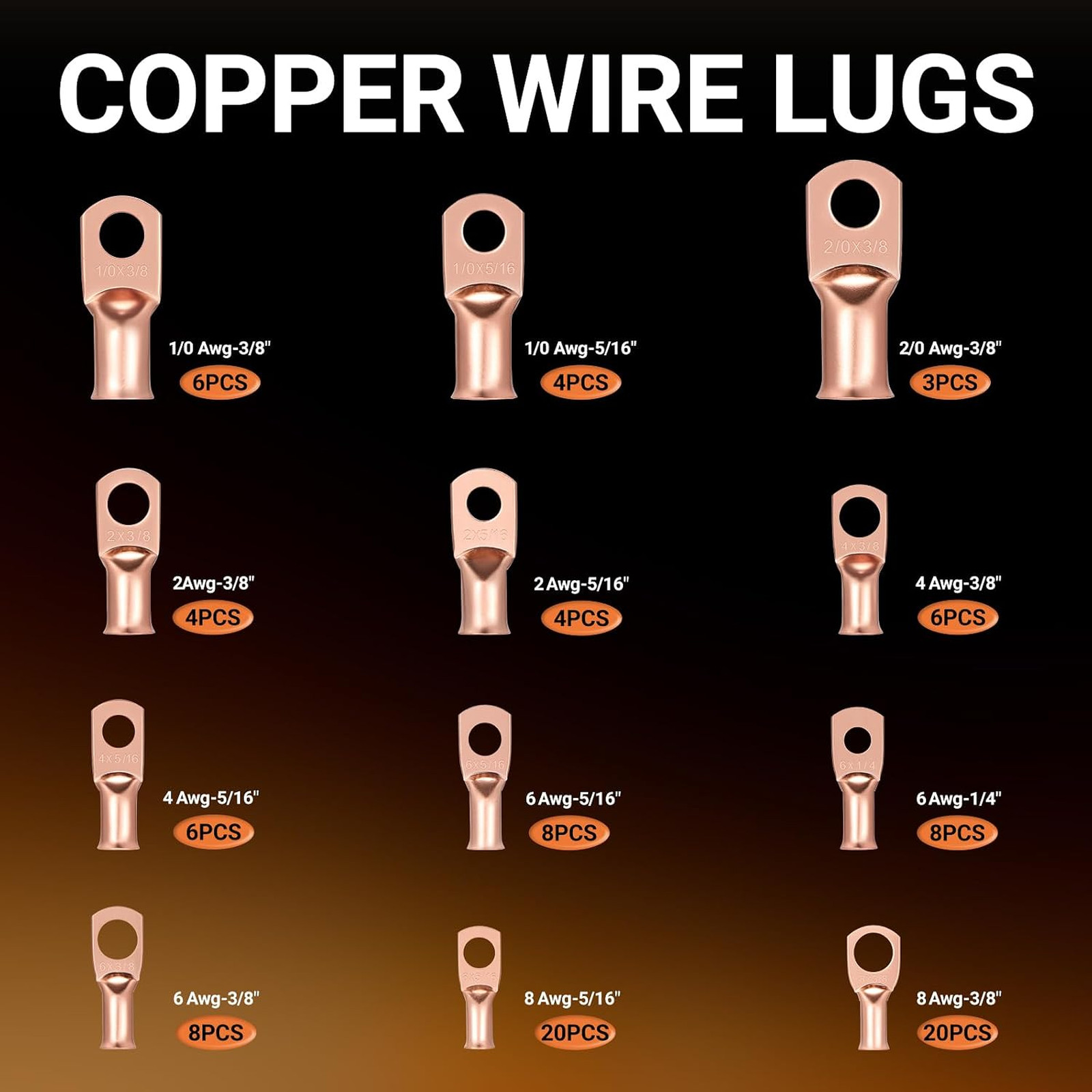 227pcs Battery Cable Ends Kit,AWG 2 4 6 8 1/0 2/0 Gauge,0 Gauge 00 Gauge Heavy