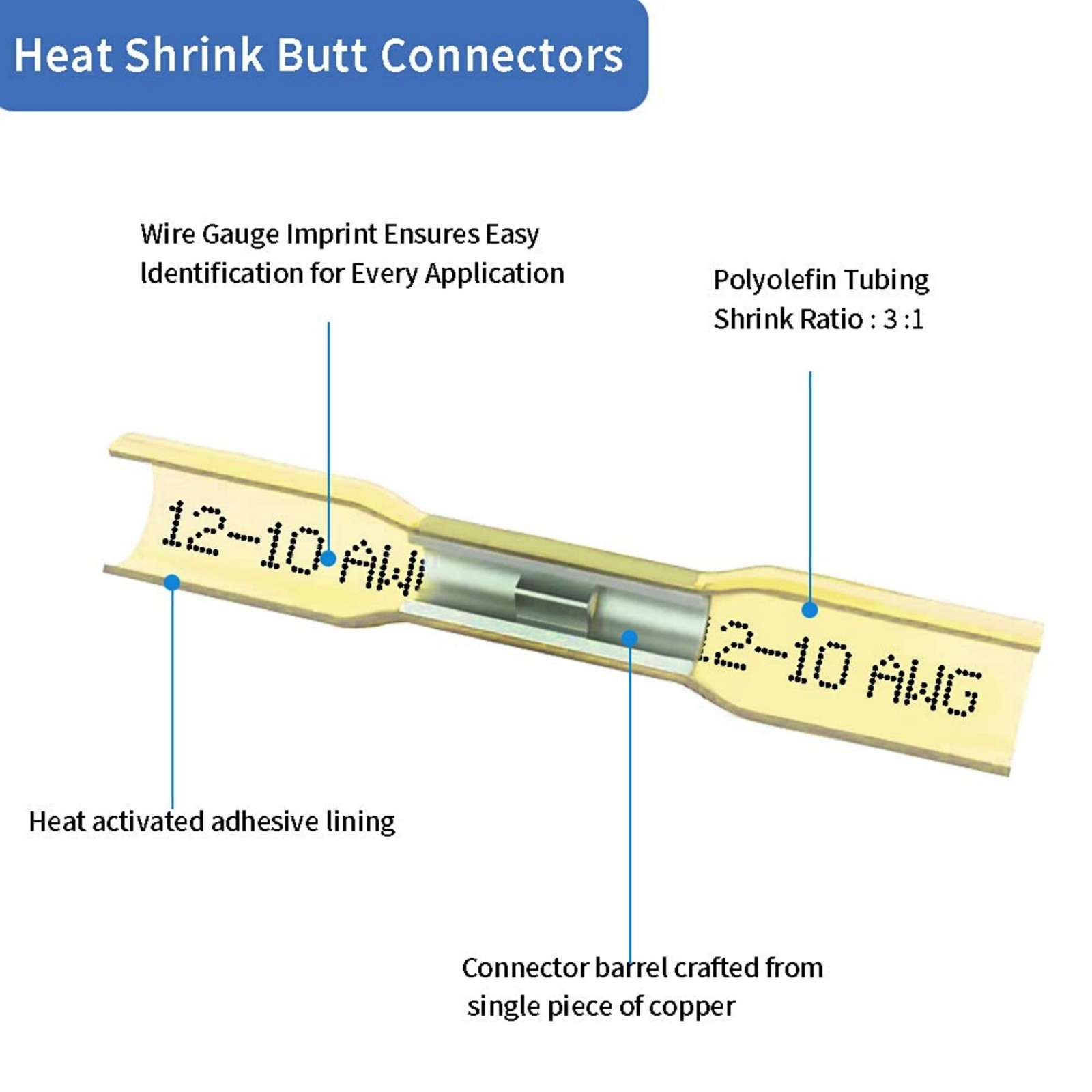 3:1 Heat Shrink Wire Connectors -60°F-260°F Temp Range 500PCS Tin-Plated Copper