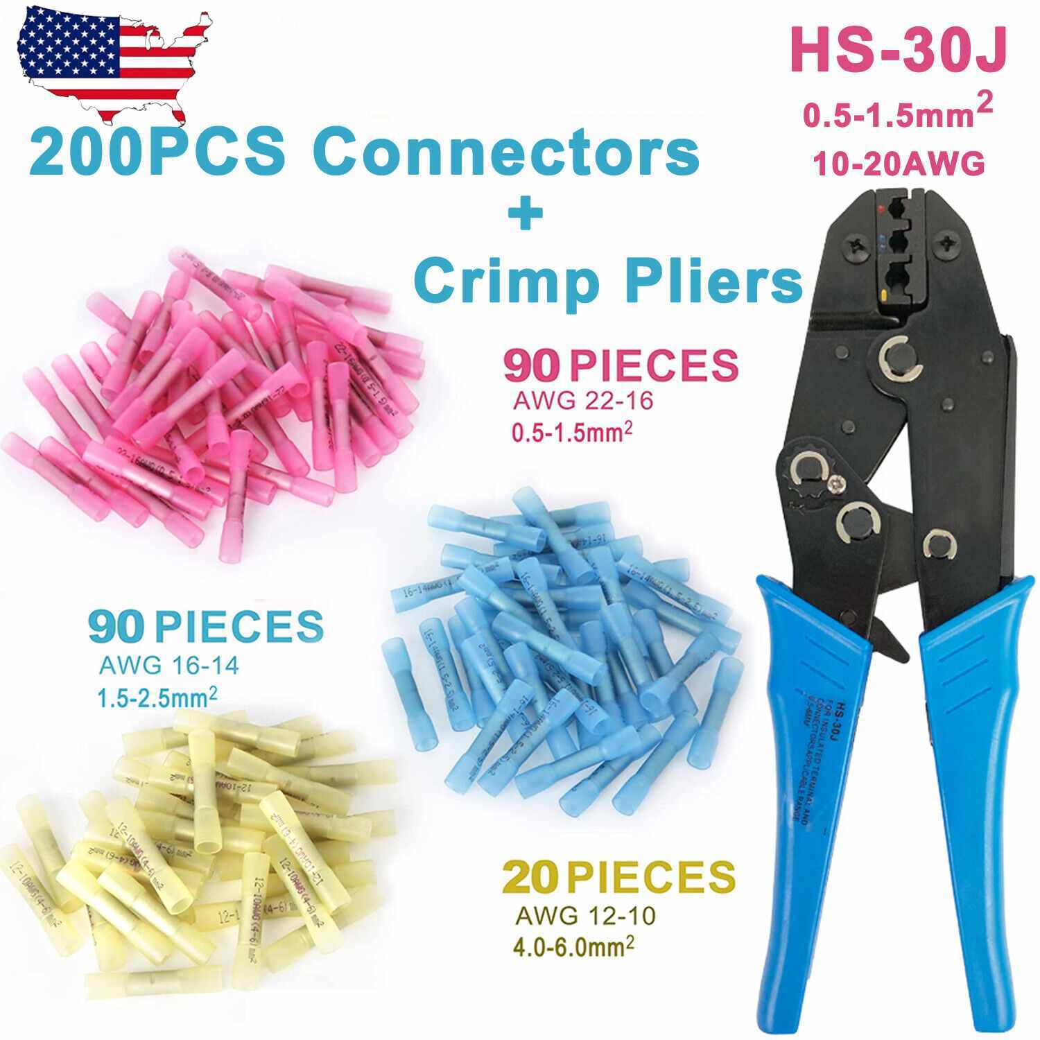 200X Heat Shrink But Connectors + HS-30J 0.5-6mm Wire Terminal Crimp Pliers Tool