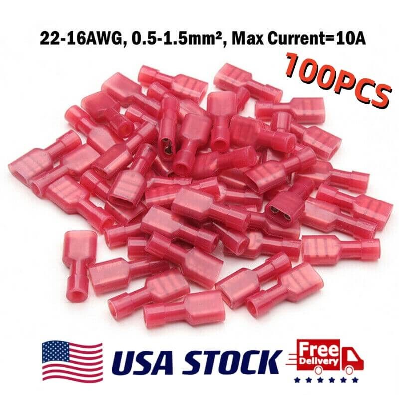100X FEMALE FULLY INSULATED QUICK DISCONNECT TERMINAL RED 22-16AWG NYLON .25″