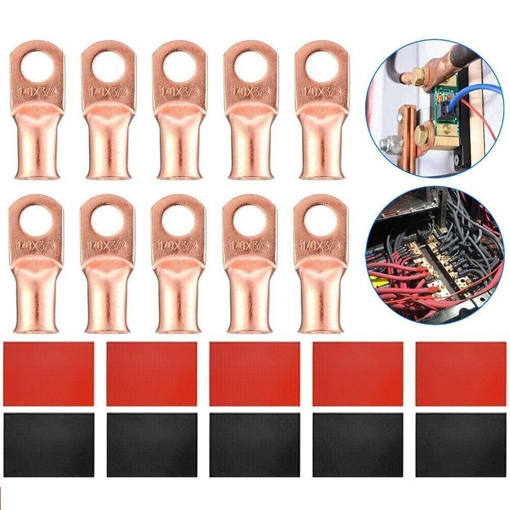 Gauge Copper Cable Lugs 1/0 AWG BLACK & RED Heat Shrink Ring Terminals/Tool