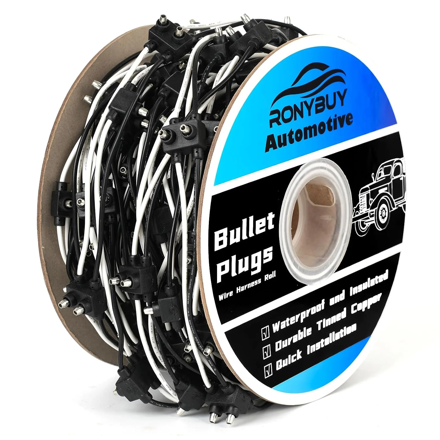 20x 2 Wire Pigtail Double Male Bullet Plugs Roll, 18 Gauge 2 Prong Wire Harness