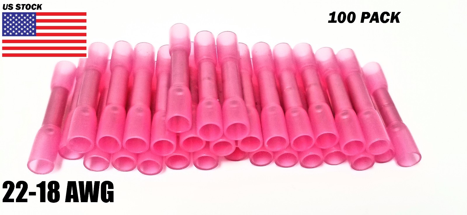 100Pcs Heat Shrink Butt Tube Splice Connector 22-18GA Gauge PINK Wire Terminal