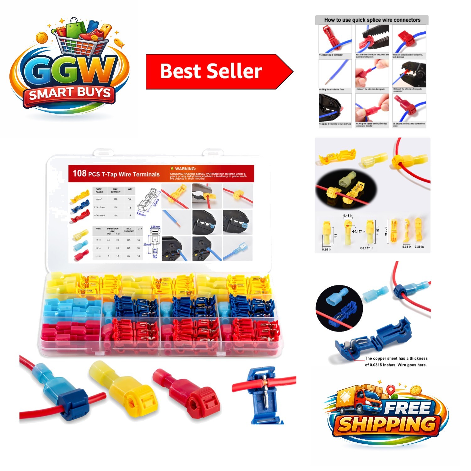 108-Piece T-Tap Wire Connector Set – Nylon Insulated Quick Disconnect Terminals