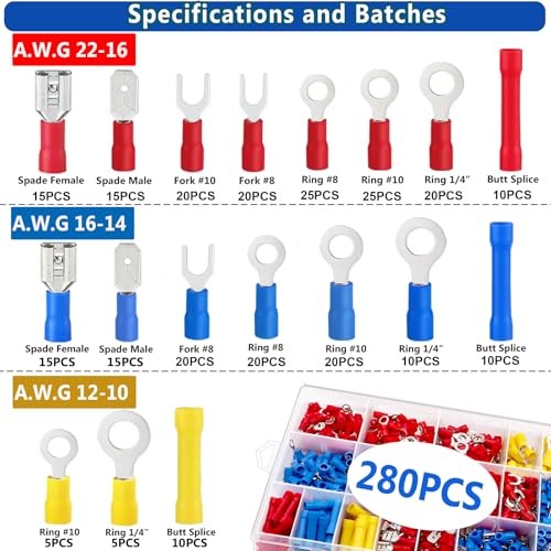 Insulated Wire Crimp Connectors Assortment tinned brass, PVC 280PCS Connectors
