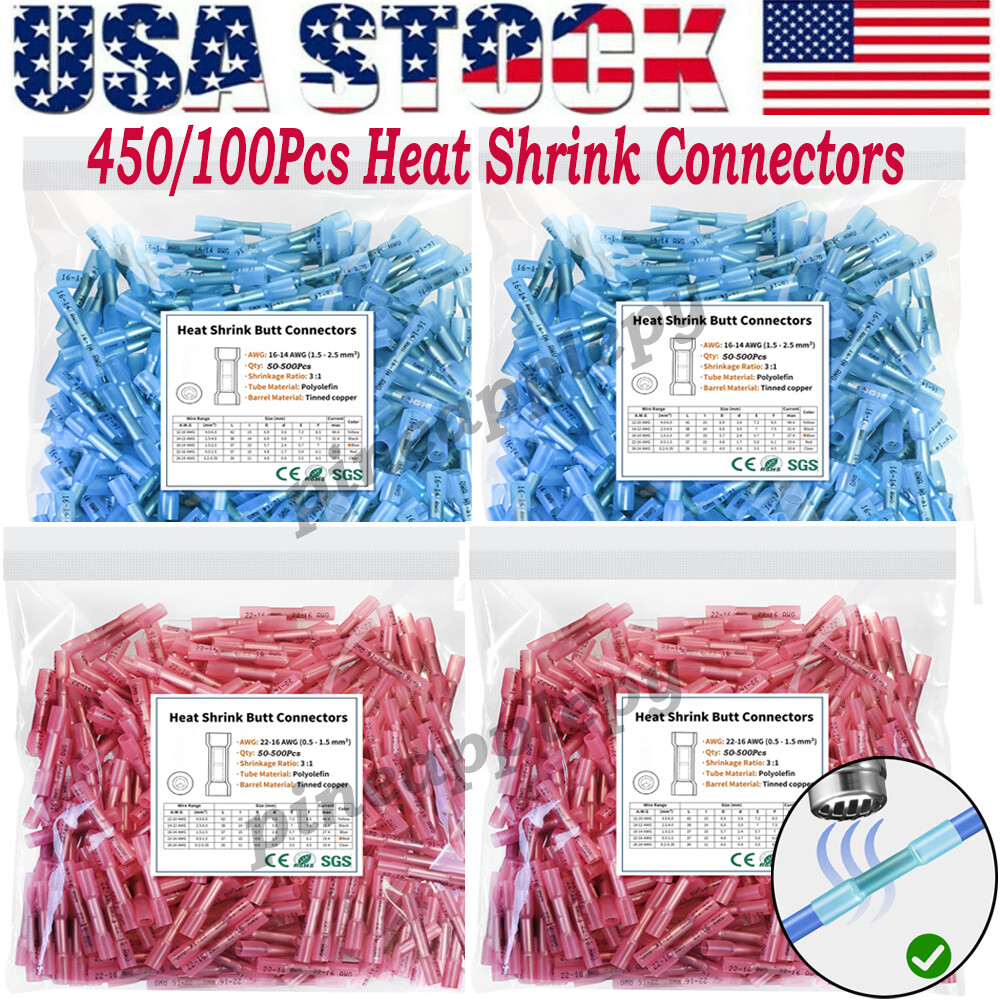 450/100x Waterproof Heat Shrink Butt Wire Splice Crimp Connectors Terminals Kits