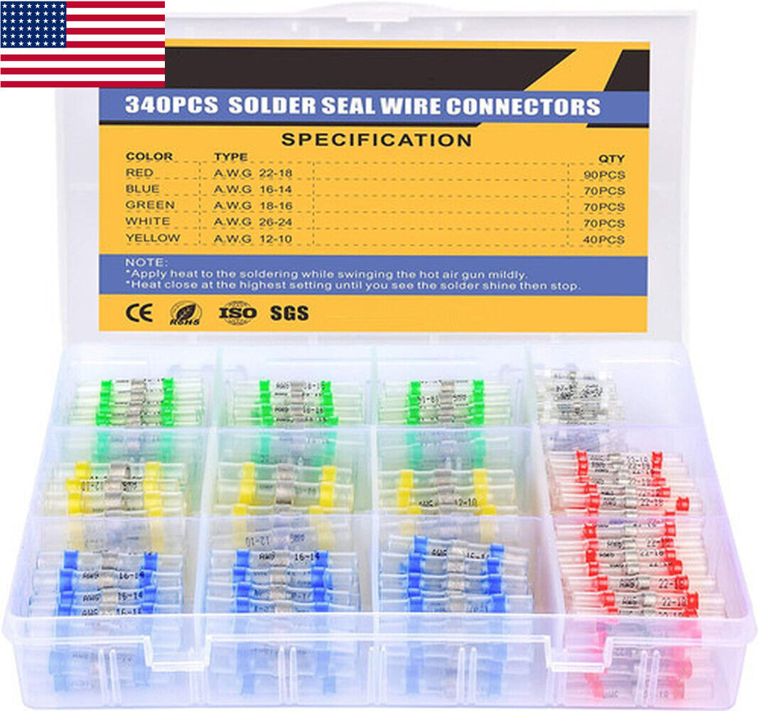 340PCS Waterproof Heat Shrink Solder Seal Sleeve Butt Terminals Wire Connectors