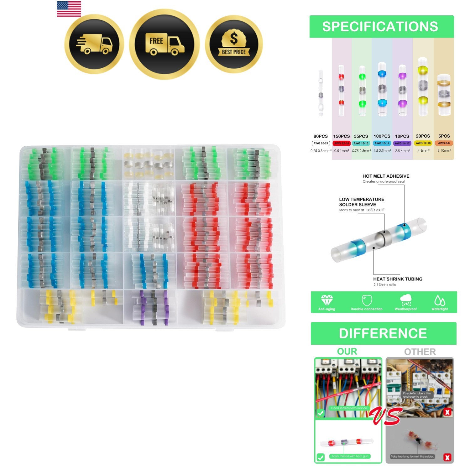 400pcs Solder connectors with Heat Shrink Waterproof Electrical Docking Joint…