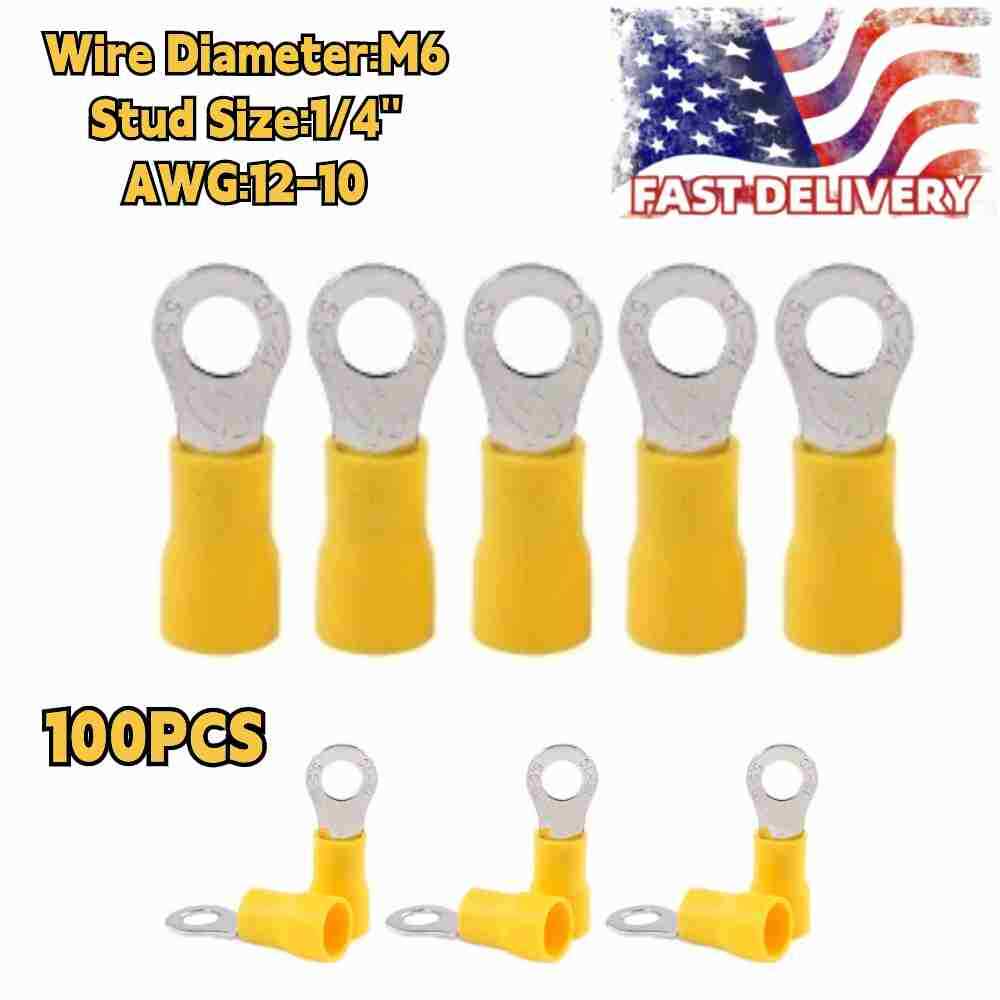 100 PACK 1/4″ 12-10 Gauge Stud Insulated Vinyl Ring Terminals Tin Copper Core