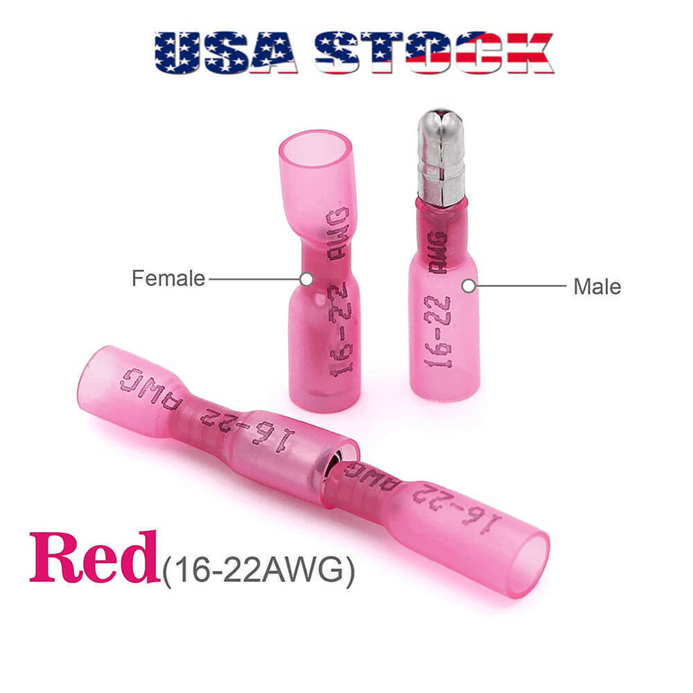 Red Heat Shrink Bullet Wire Connectors 22-16 AWG Female Male Crimp Terminals US