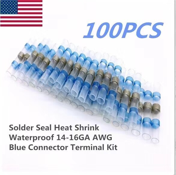 100/50 Blue Solder Seal Heat Shrink Waterproof 16-14 AWG Connector Butt Terminal