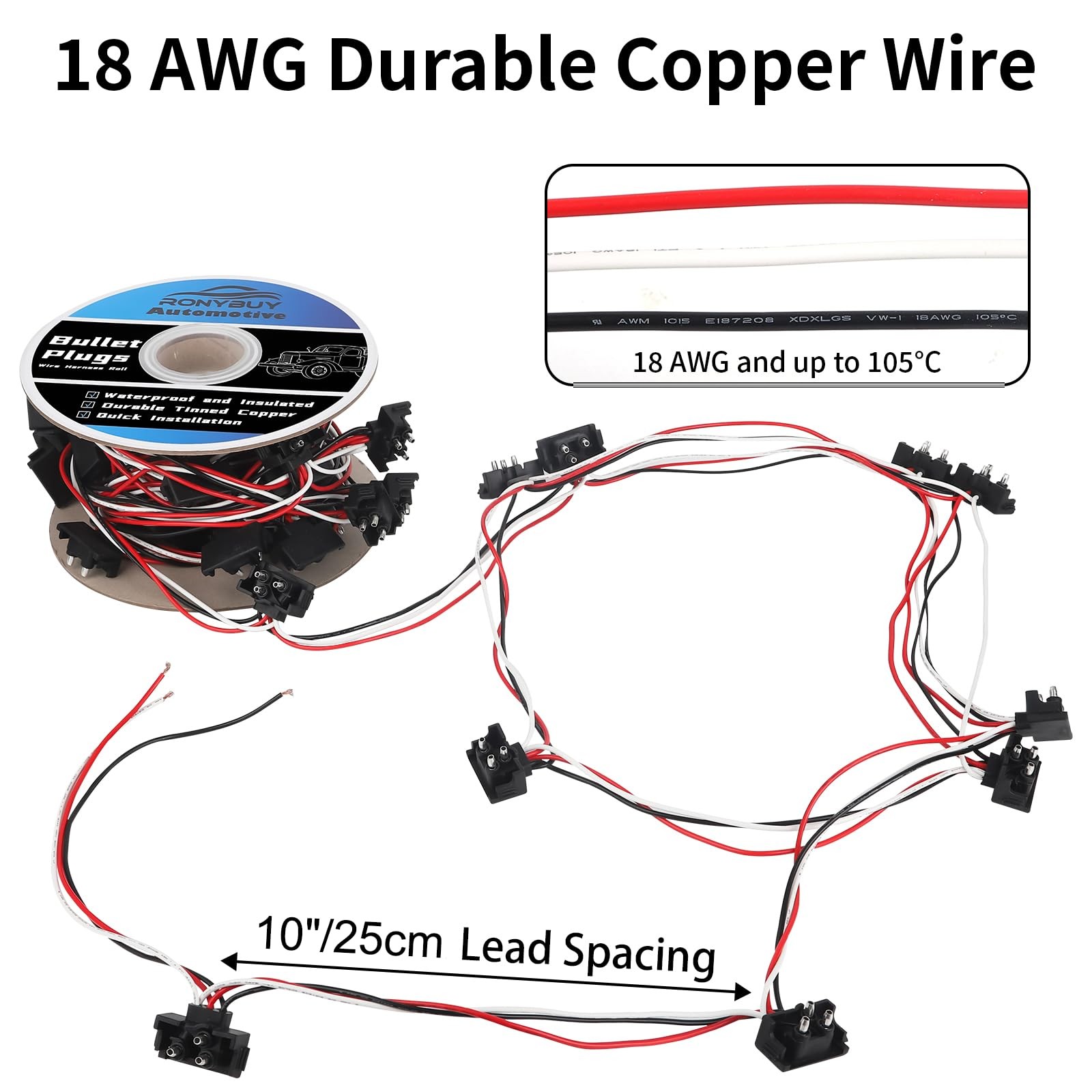 20x 3 Wire Plugs, Triple Male Bullet Wire Harness Roll, Right Angle 18AWG 3 P…