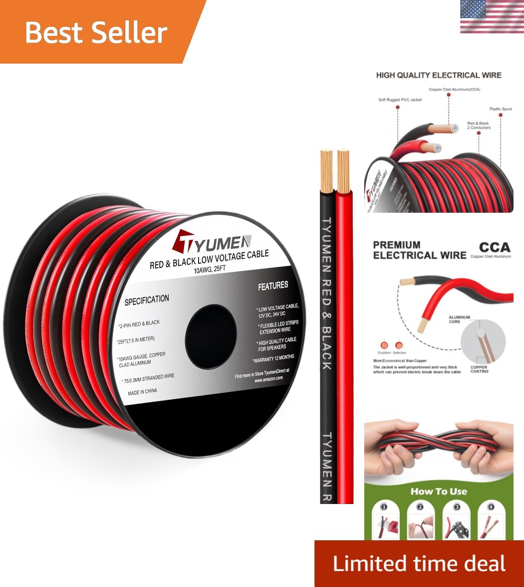 Durable 10 Gauge Wire 25FT – Flexible Red Black Electrical Cable for Home Use