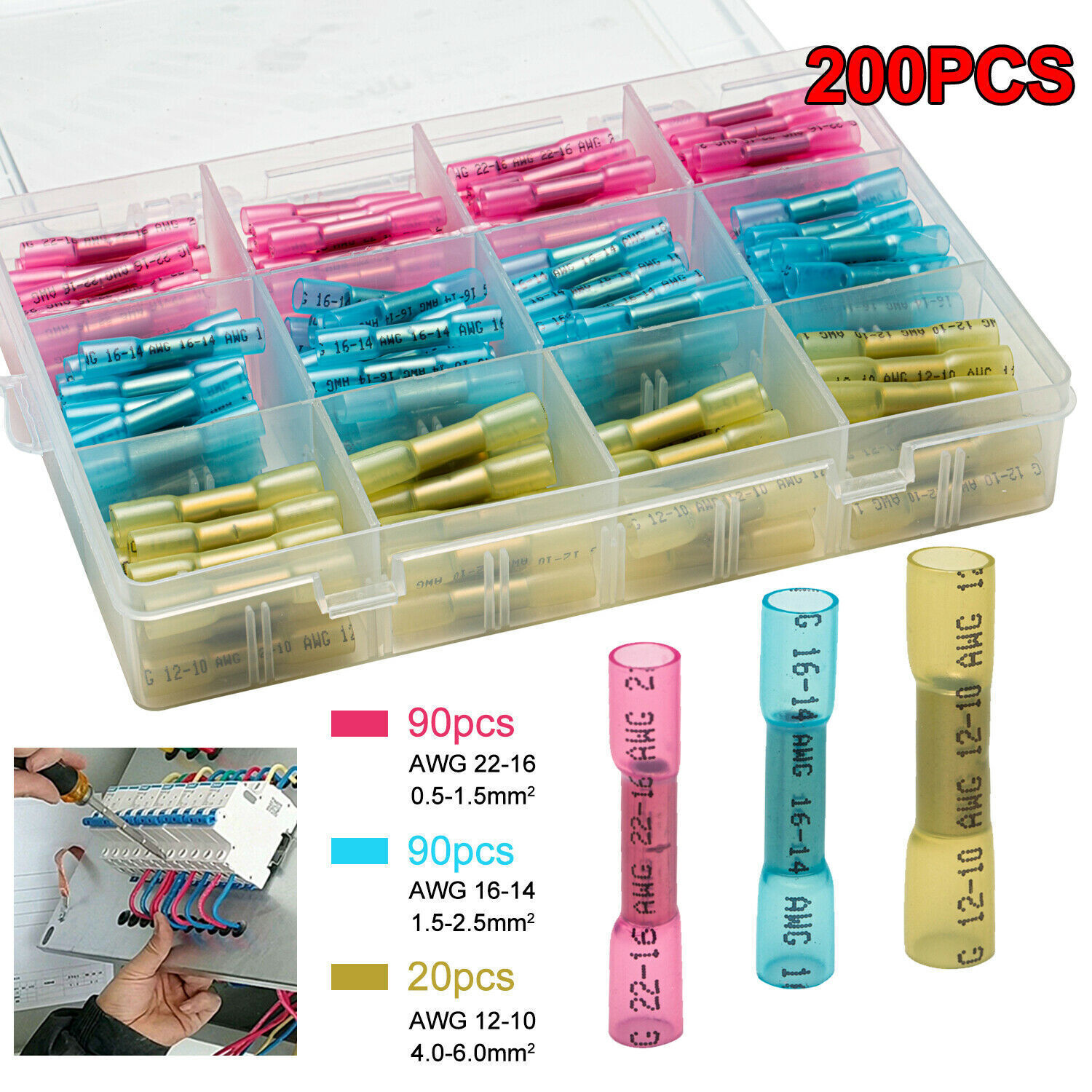200PCS Heat Shrink Butt Wire Splice Connectors Seal Crimp Terminals 22-10AWG USA