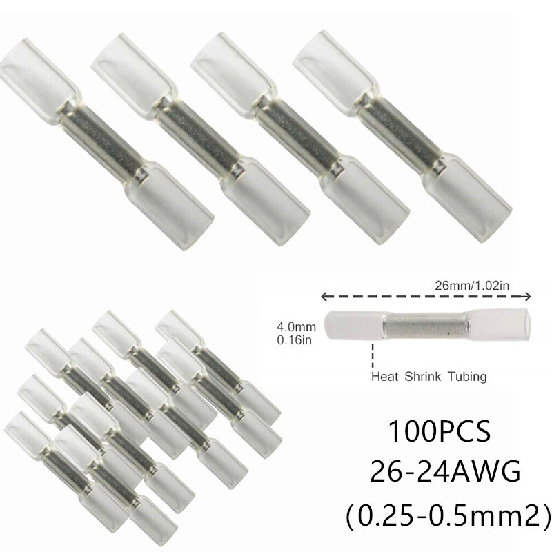 100PCS Heat Shrink Butt Wire Connectors Crimp Terminals 26-24AWG Waterproof
