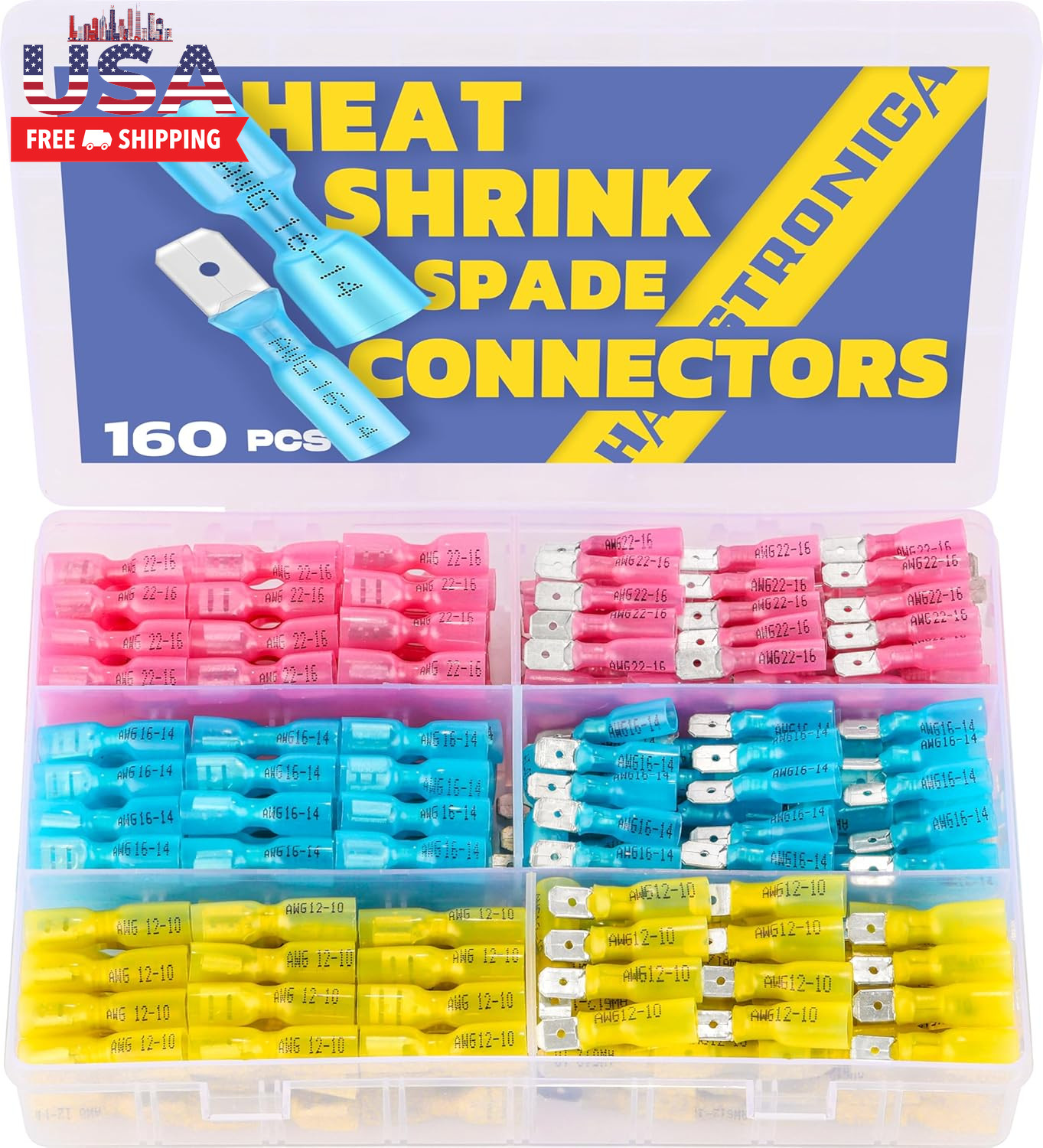 160Pcs Heat Shrink Spade Connectors,Awg 22-10 Female and Male Wire Connectors,Qu