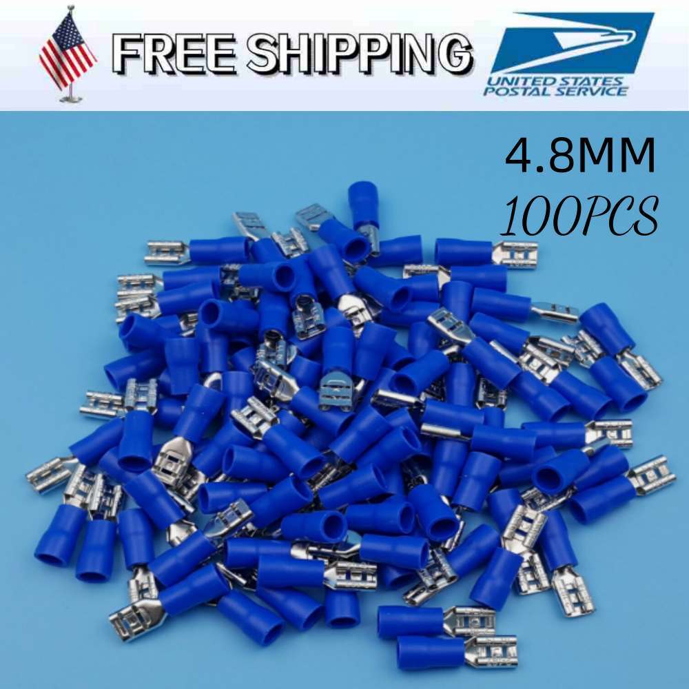 100Pcs Blue Female 4.8mm Spade Quick Disconnect 16-14 AWG Wire Crimp Terminals