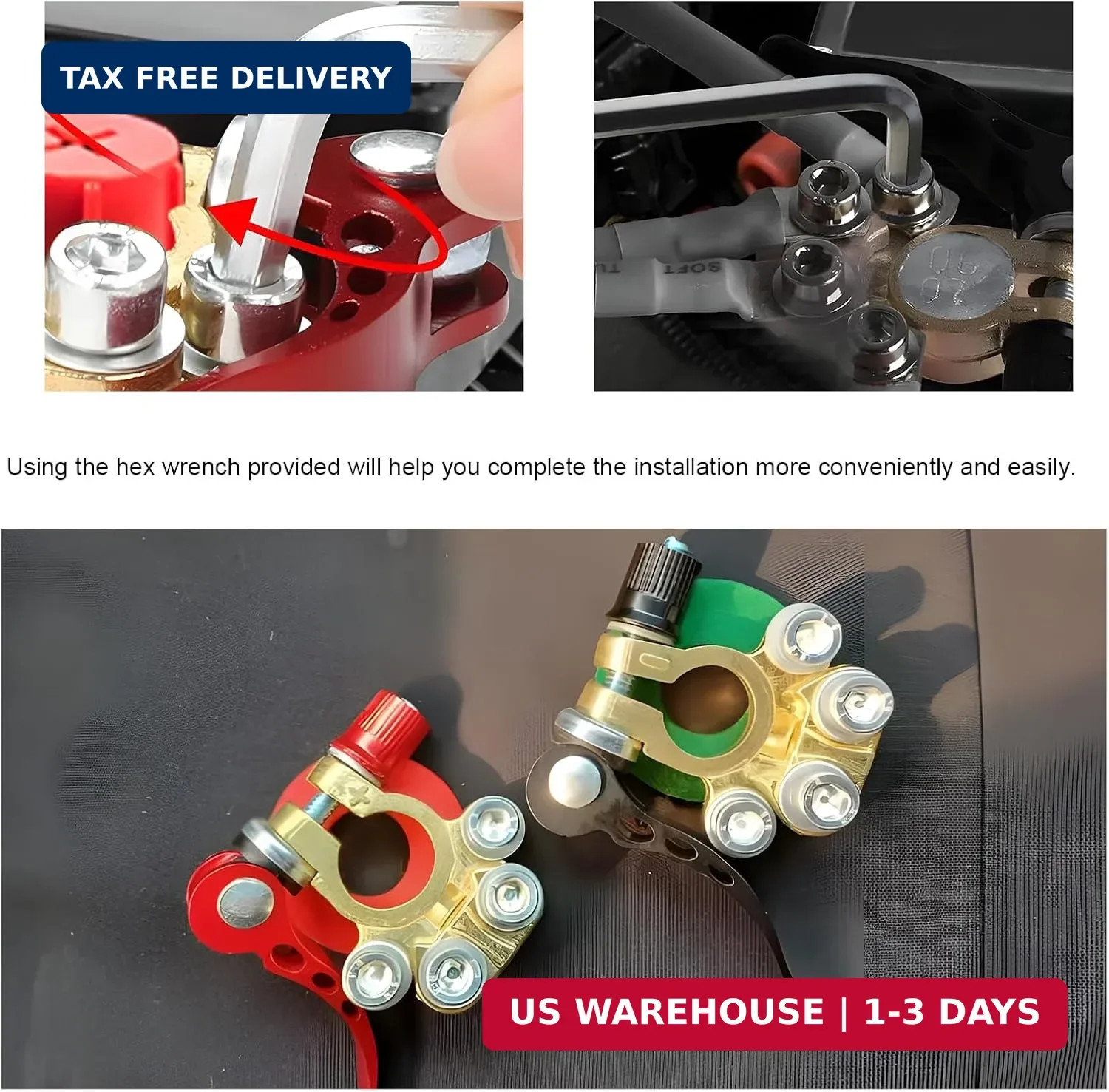 2PCS Car Battery Terminal Connectors 4-Way Quick Release Positive Negative Pair