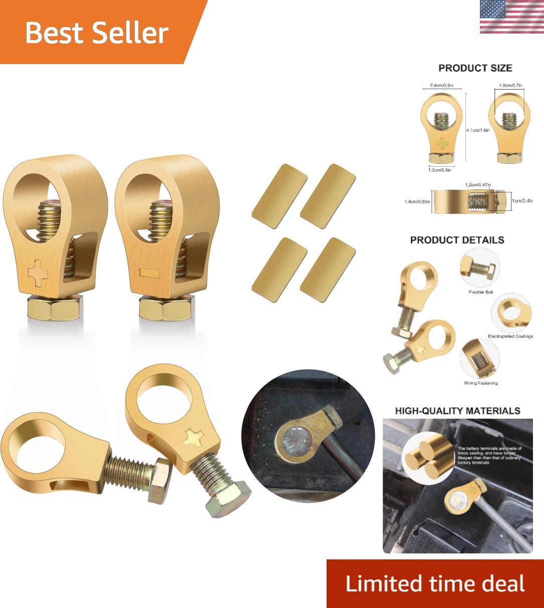 Car Battery Terminal Clips 4 Pcs Pure Copper Top Post Connectors Compatible W…