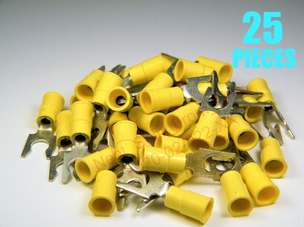 FORK TONGUE CRIMP CONNECTOR, 12-10 AWG, YELLOW, MEGA-SIZE FOR LARGE SCREW / POST