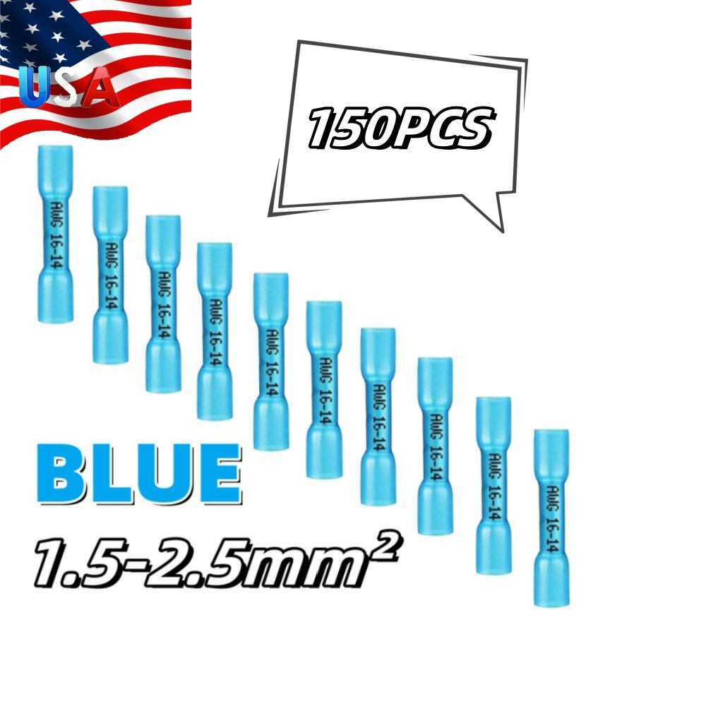 150Pcs Waterproof Heat Shrink Wire Connectors Blue 14-16AWG Butt Seal Terminals