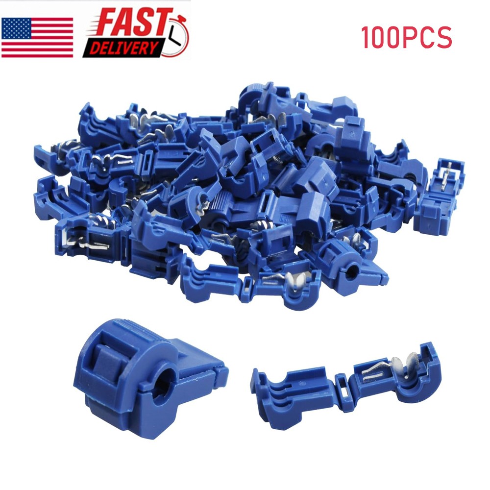 100PCS Blue T-taps 16-14 AWG Electrical Wire Connectors Splice Tap In Terminals