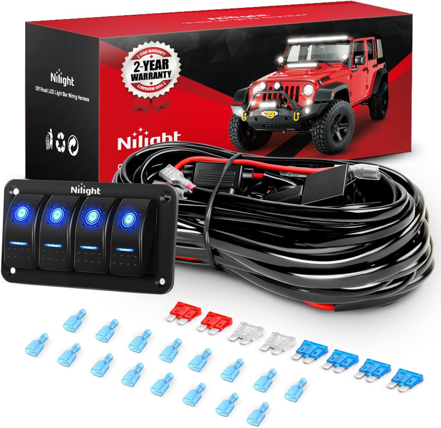16AWG 14AWG 12AWG LED Light Bar Wiring Harness Kit 12V On/Off 4 Gang Rocker Swit