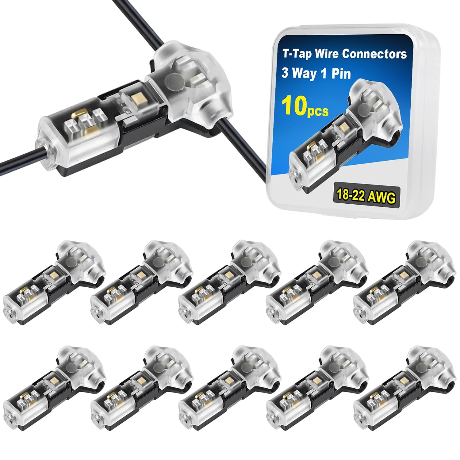 T Tap Wire Splice Connectors for 18-22 AWG Wires – 3 Way 1 Pin Solderless Low Vo