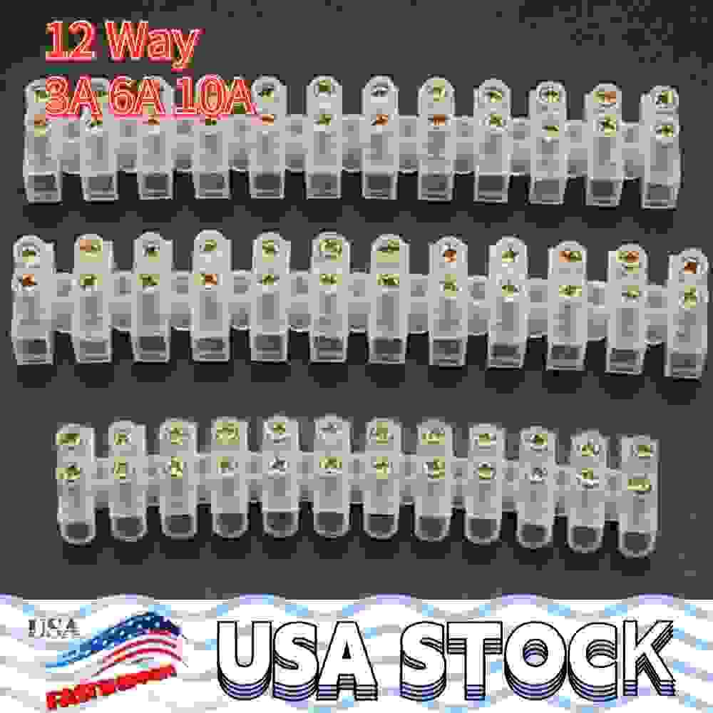 12 Way 3A 6A 10A Barrier Screw Terminal Block Wire Connection Connector Strip US