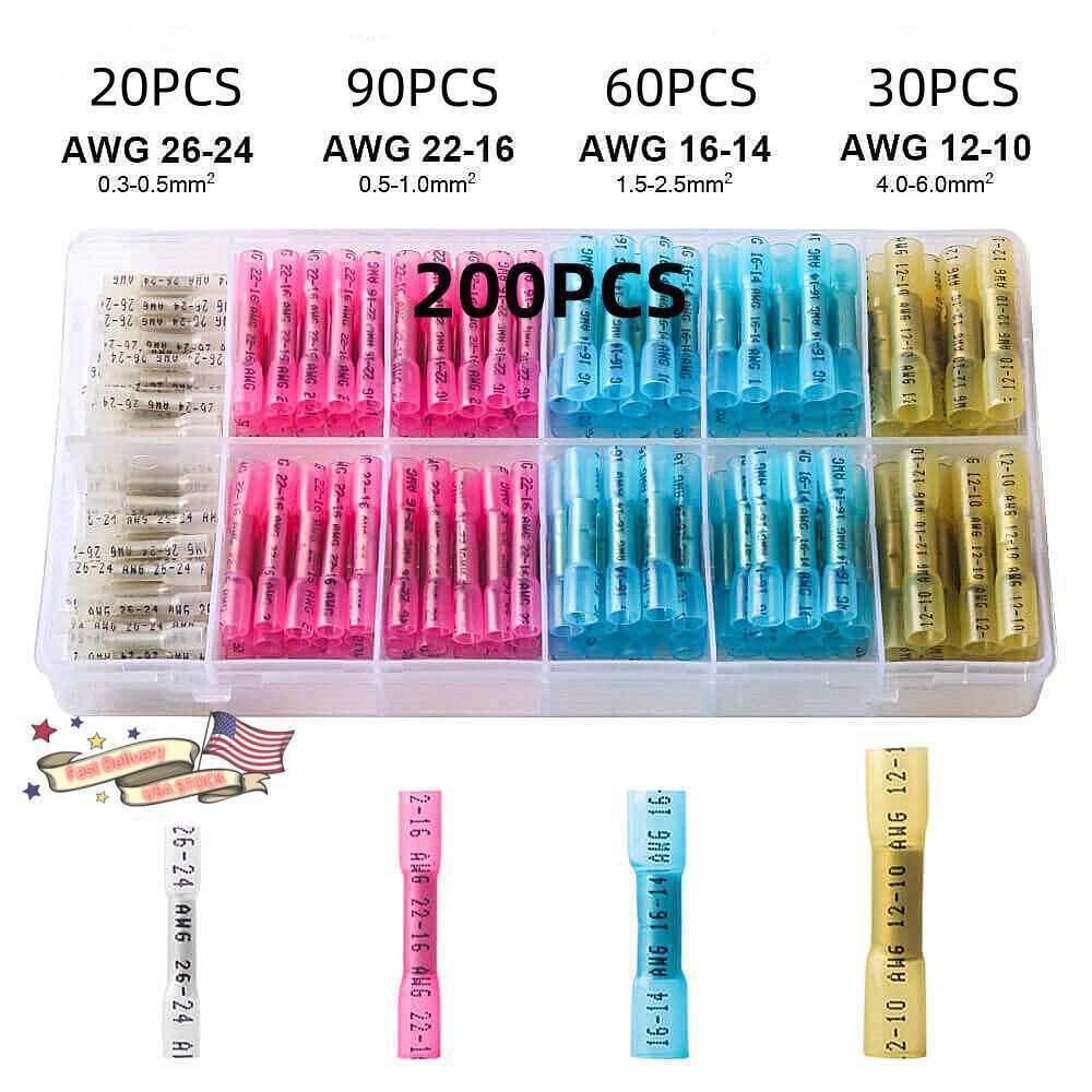 100/500pcs 22-10AWG Heat Shrink Butt Wire Splice Connectors Seal Crimp Terminals