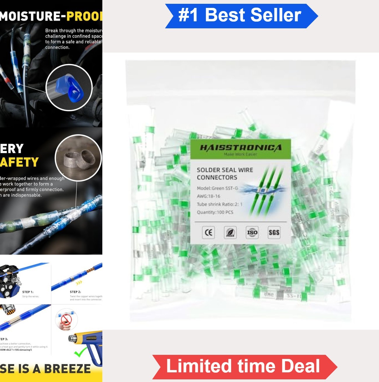 100 Count Solder Seal Wire Connectors 18-16 AWG Green Heat Shrink Butt Terminals