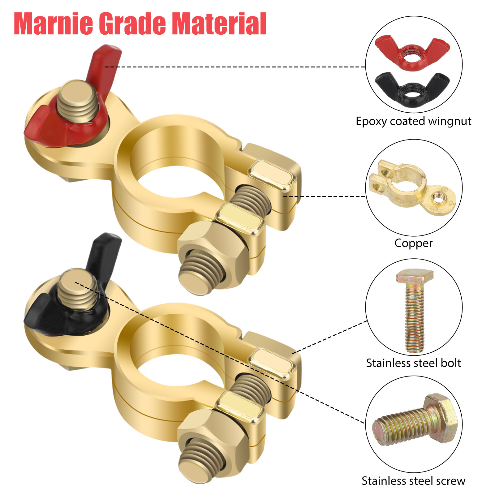 2x Solid Brass Battery Terminal Connector Top Post End Clamps Set for Car Marine